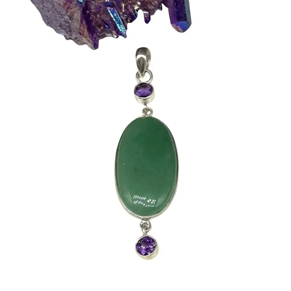 Green Aventurine & Amethyst Necklace Pendant Solid 925 Sterling Silver